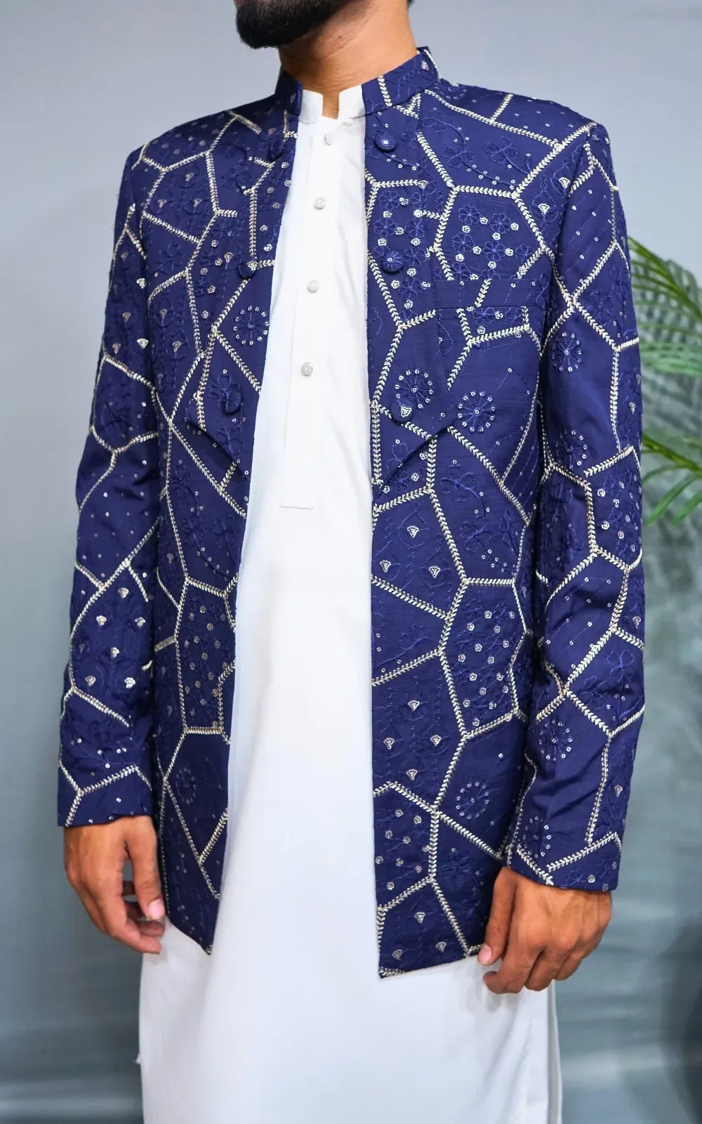 Royal Blue Embroidered Open Coat