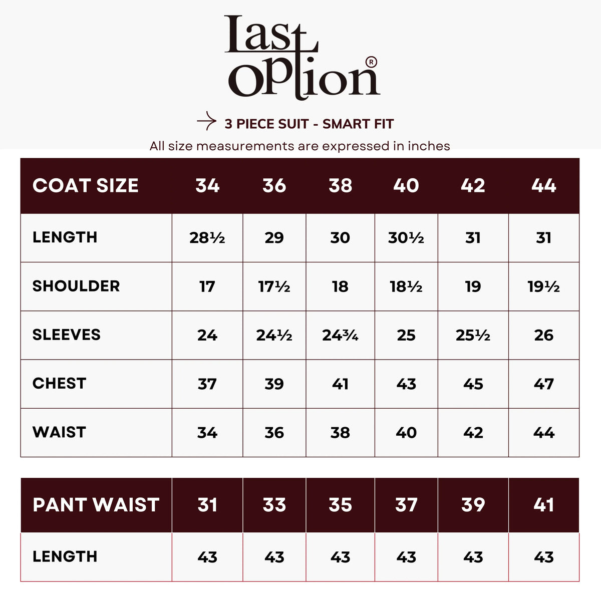 Size chart for Charcoal Grey Textured Three Piece Suit