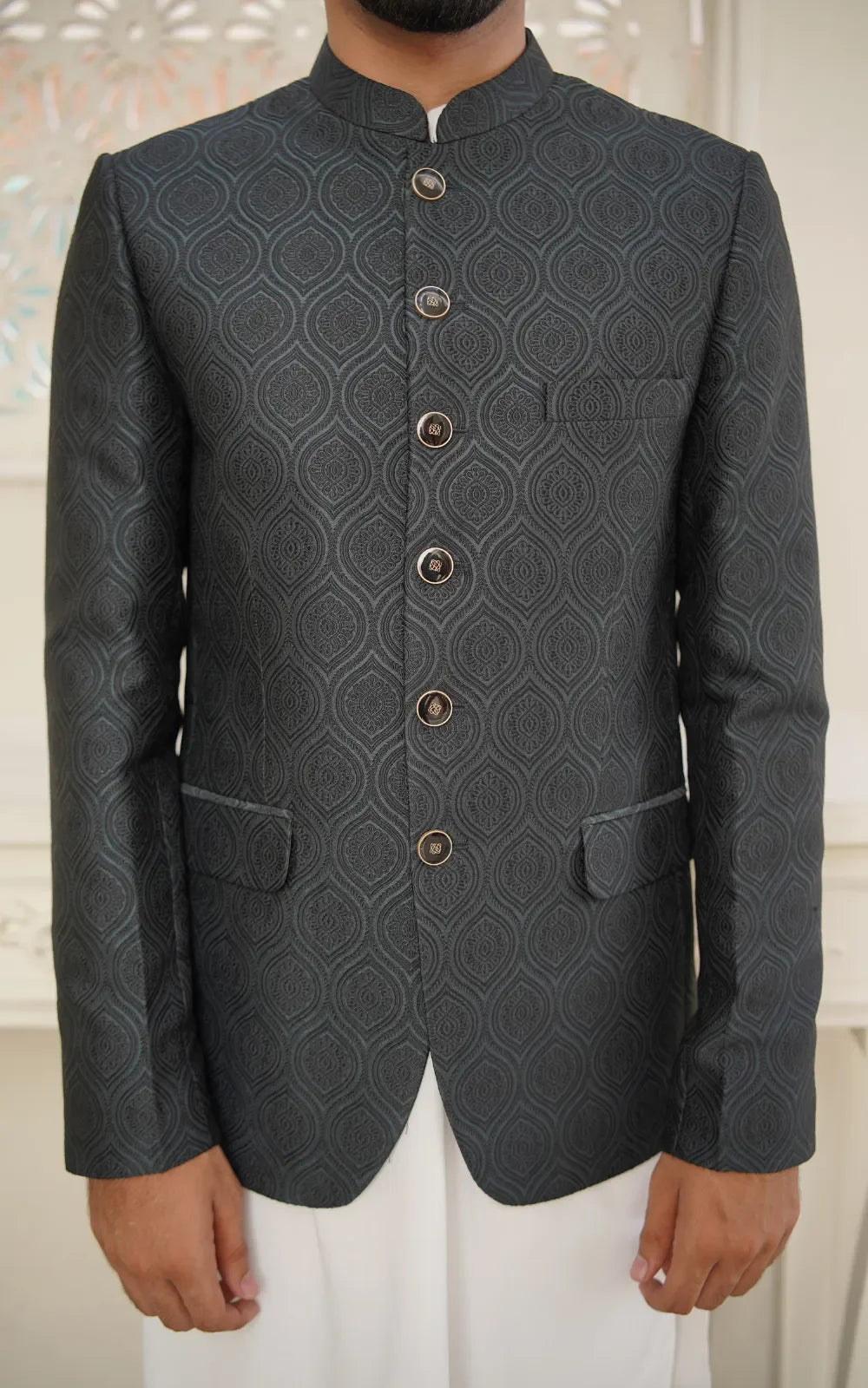 Black Jacquard Patterned Prince Coat