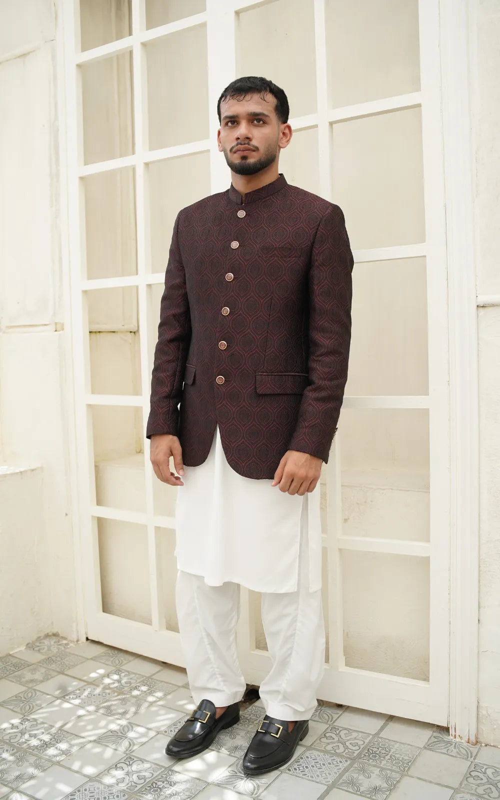 Royal Maroon Textured Prince Coat