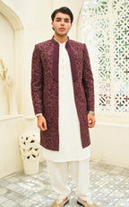 Wine Maroon Embroidered Open Gown Prince Coat