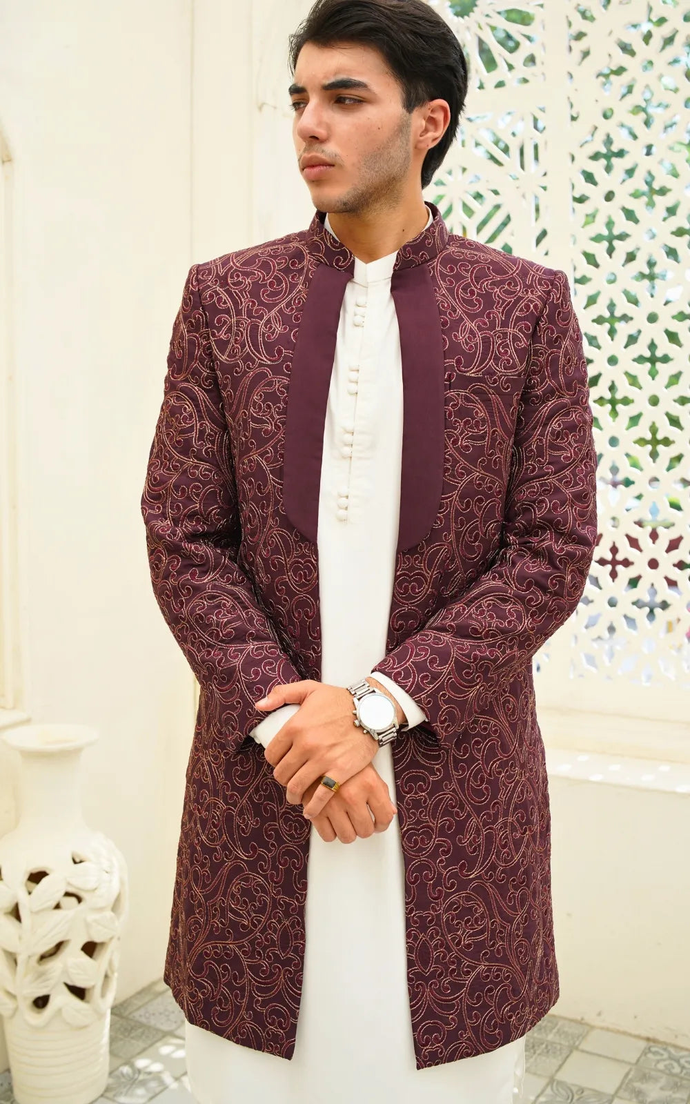 Wine Maroon Embroidered Open Gown Prince Coat