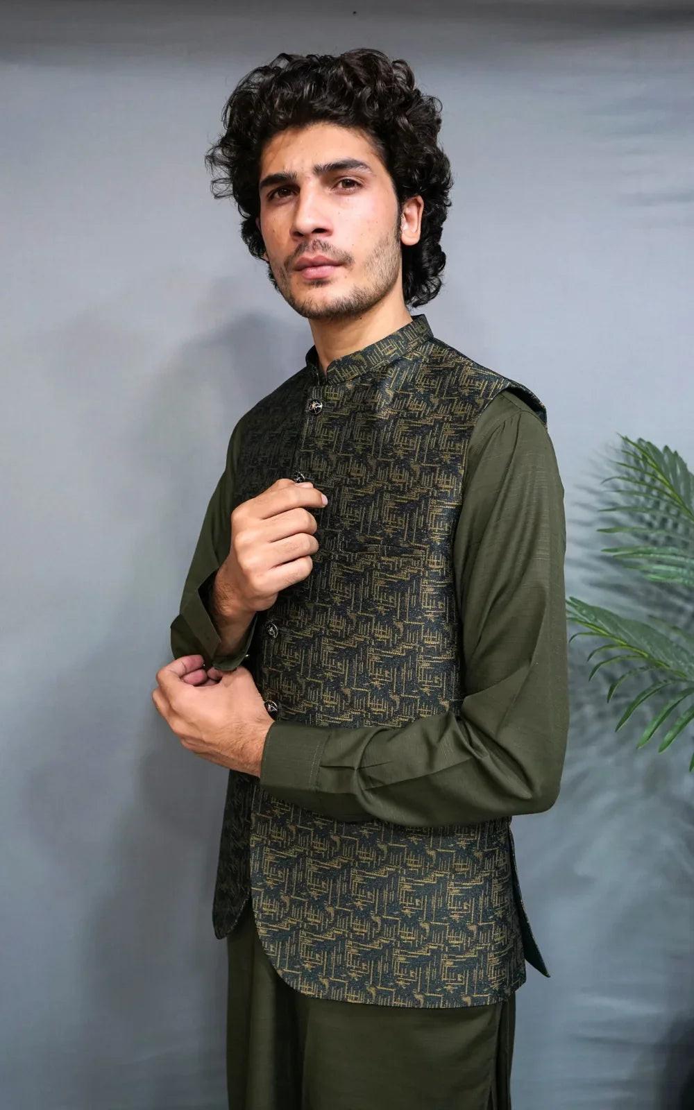 Exquisite Jamawar waistcoat showcasing intricate craftsmanship and luxurious design for a refined look