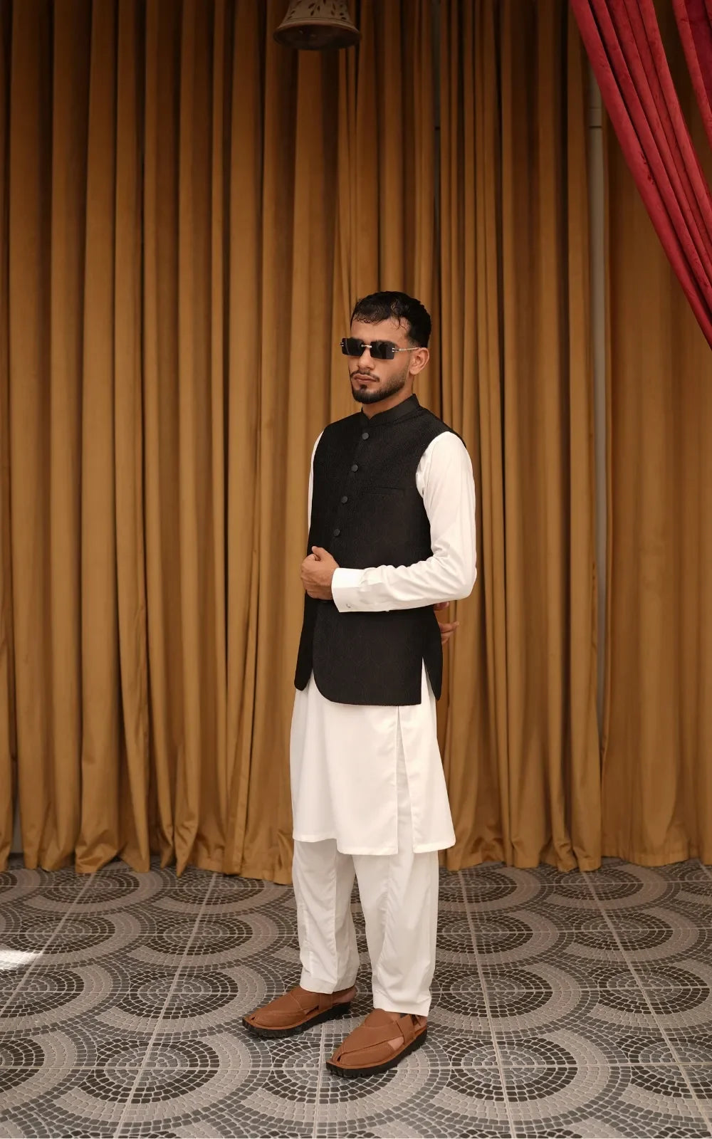 Jet Black Patterned Waistcoat