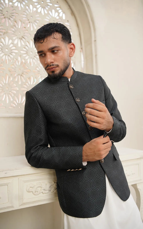 Black Jacquard Patterned Prince Coat