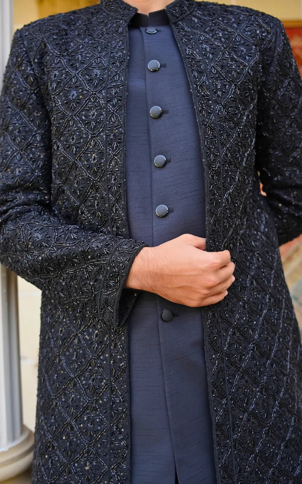 Luxury Black Handmade Embroidered Sherwani