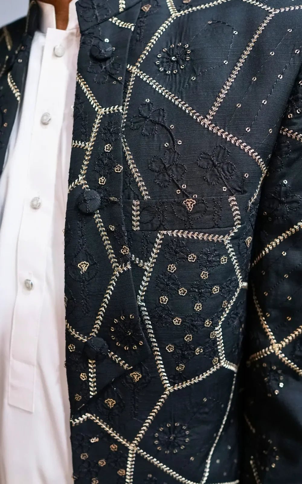 Charcoal Black Embroidered Open Coat
