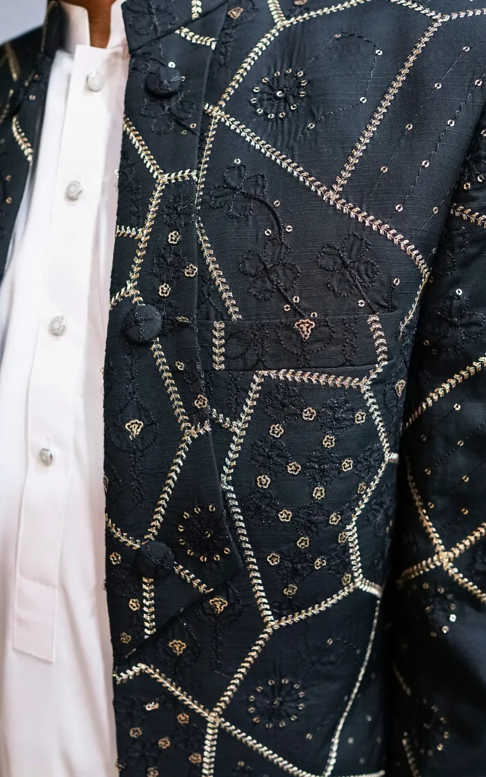 Charcoal Black Embroidered Open Coat