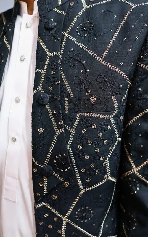 Charcoal Black Embroidered Open Coat