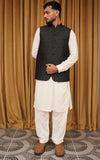 Black Self Embossed Jamawar Wedding Waistcoat