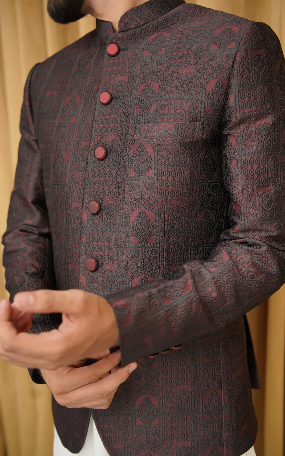Maroon Jacquard Embroidered Prince Coat