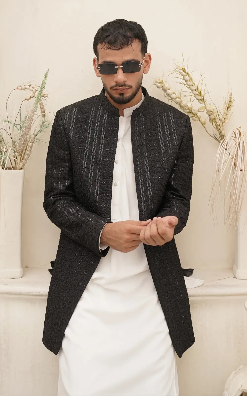 Black Textured Silky Embroidery Open Coat