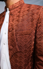 Brown Textured Embroidered Open Coat