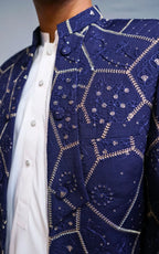 Royal Blue Embroidered Open Coat