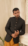 Dark Black Self Embossed Jamawar Prince Coat