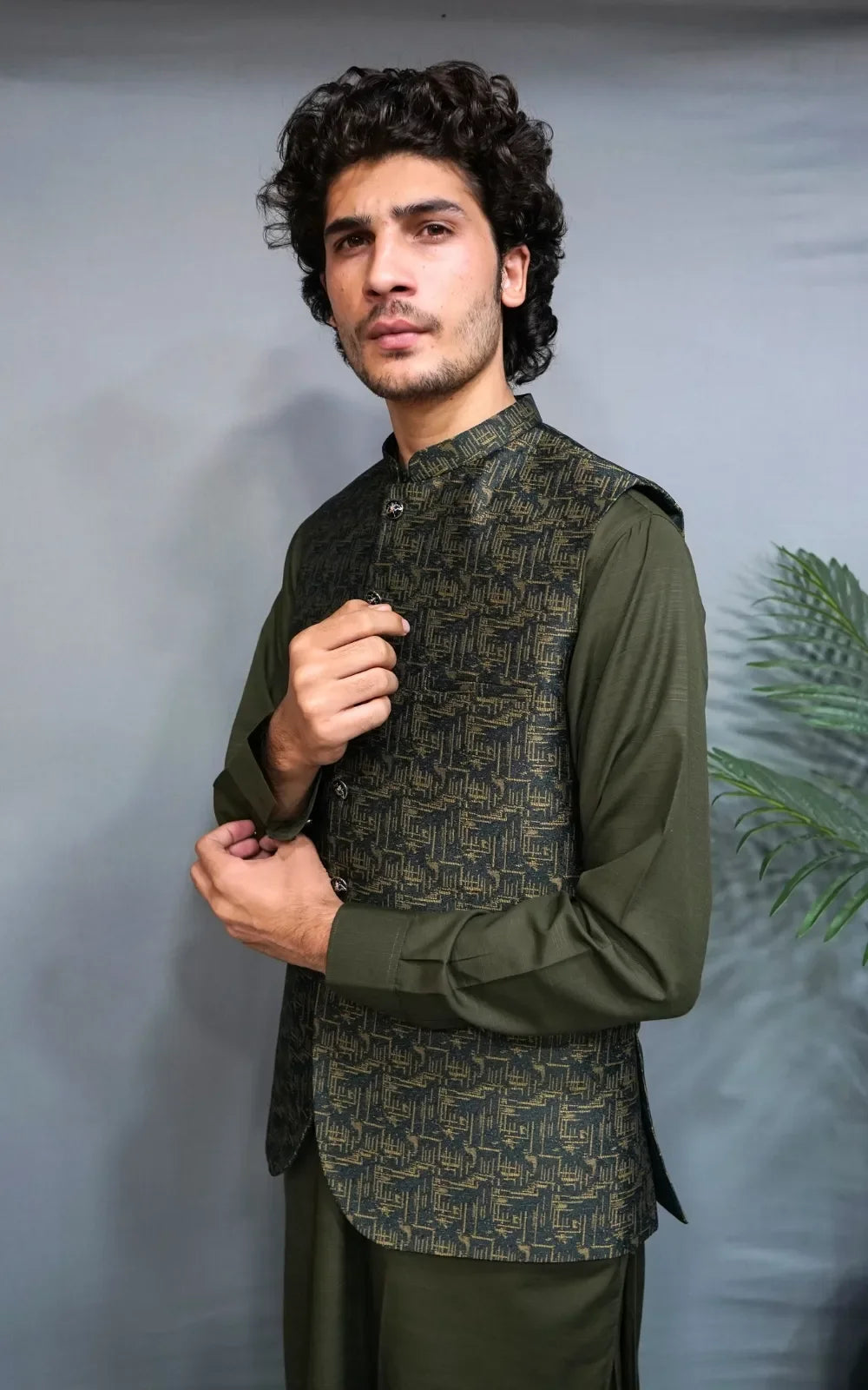Olive Green Patterned Waistcoat