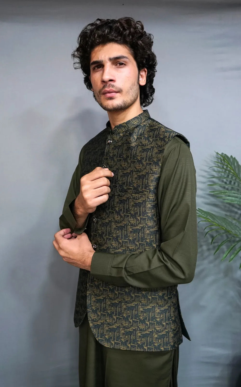 Olive Green Patterned Waistcoat