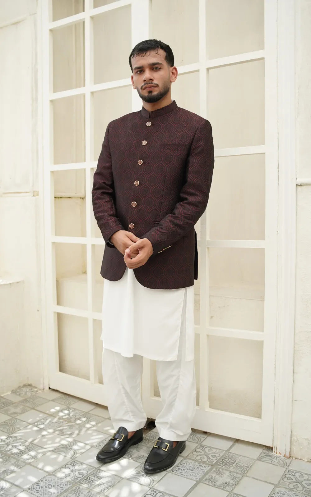Royal Maroon Textured Prince Coat