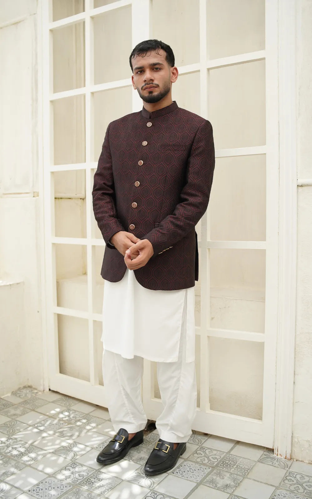 Royal Maroon Textured Prince Coat