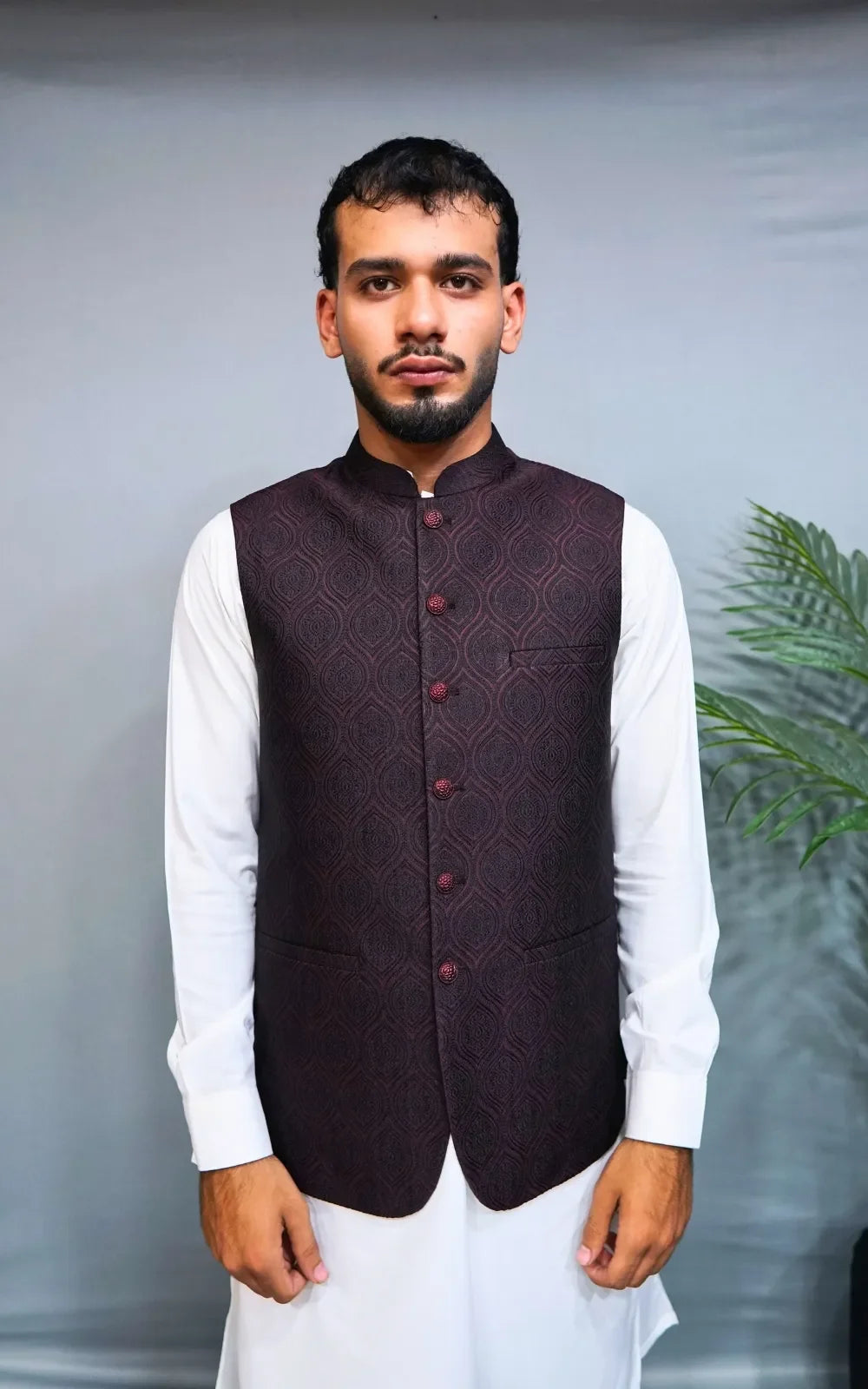 Dark Maroon Patterned Waistcoat