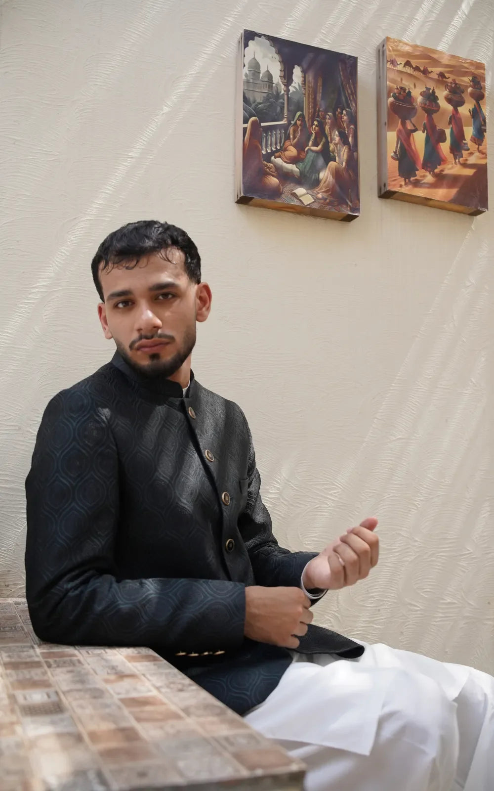 Black Jacquard Patterned Prince Coat