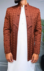 Brown Textured Embroidered Open Coat