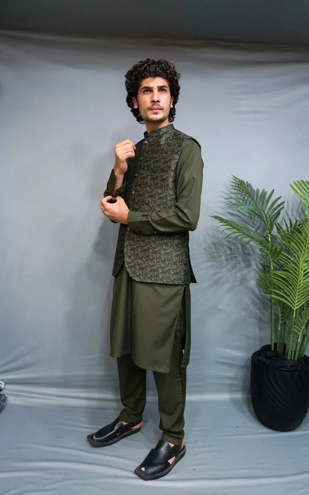 Olive Green Patterned Waistcoat