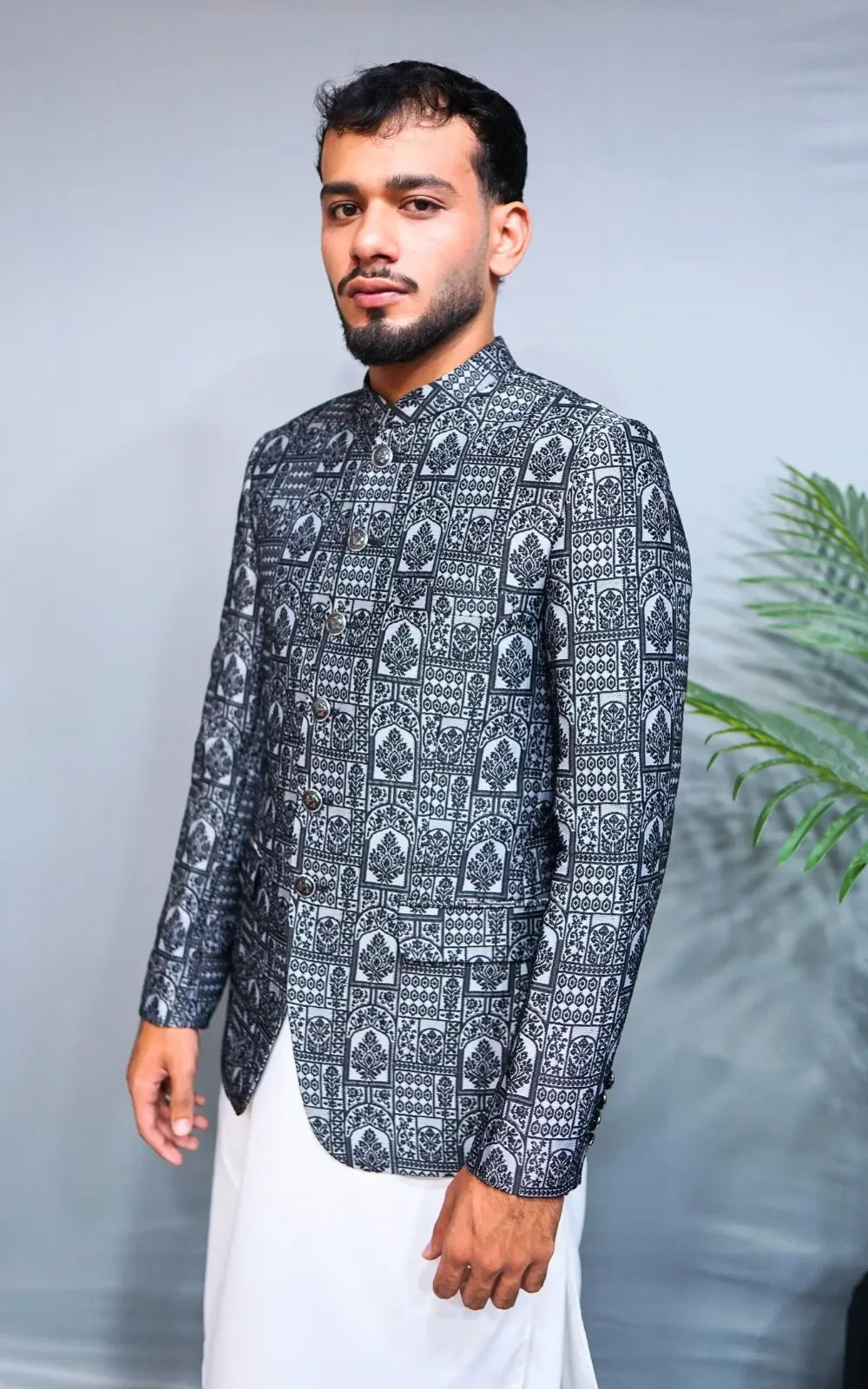 Grey & Black Patterned Prince Coat