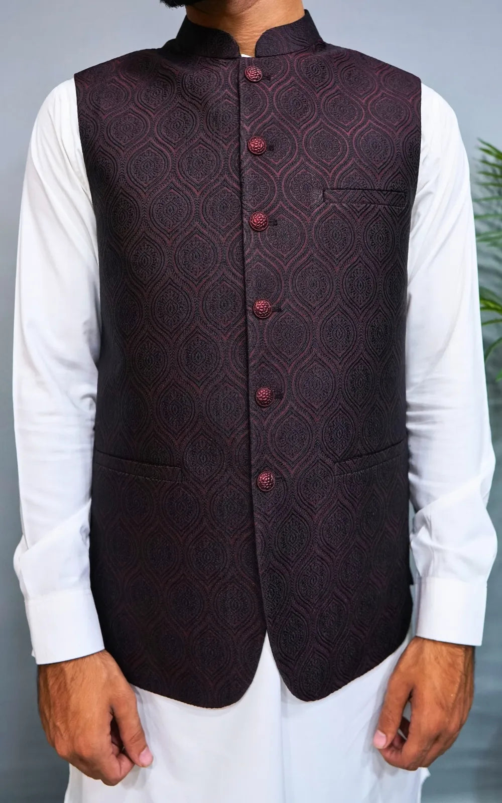 Dark Maroon Patterned Waistcoat