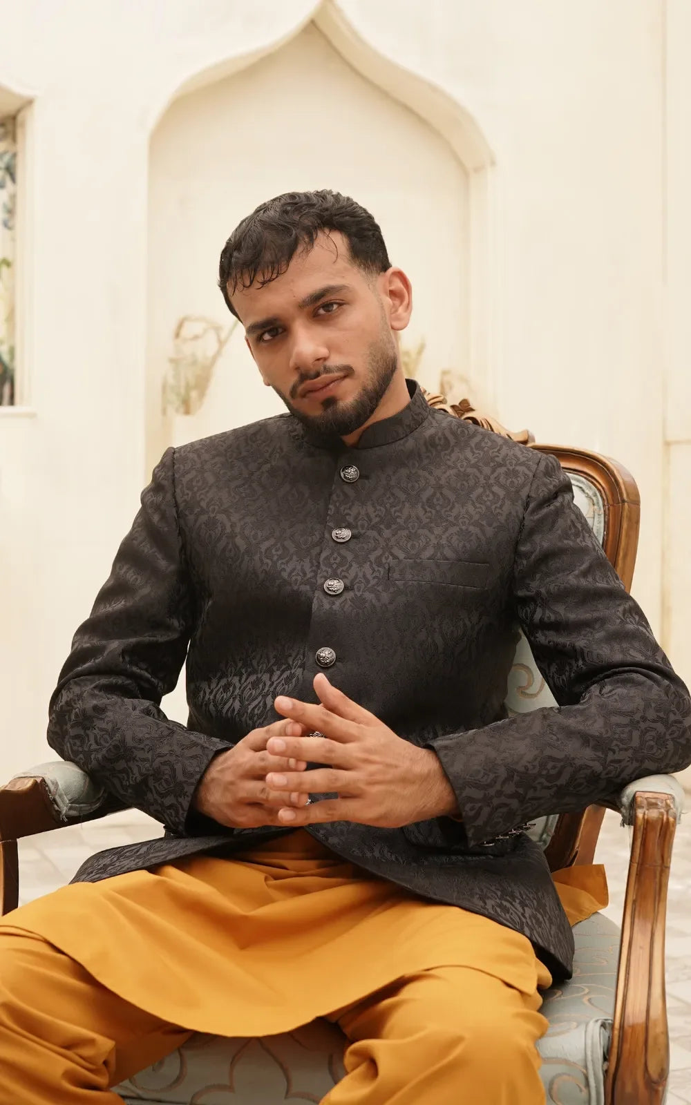 Black Floral Jacquard Prince Coat