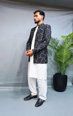 Charcoal Black Embroidered Open Coat