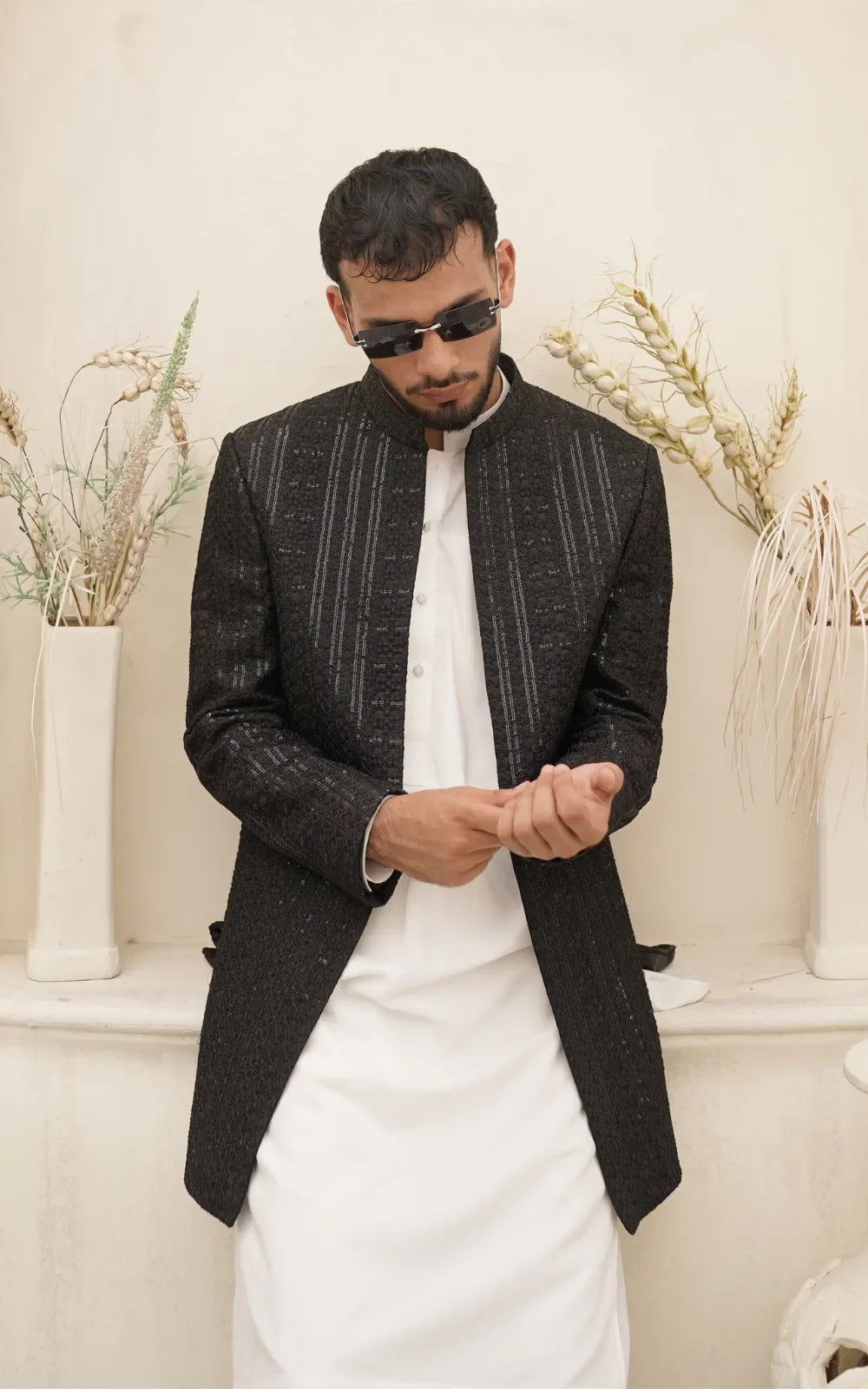 Black Textured Silky Embroidery Open Coat