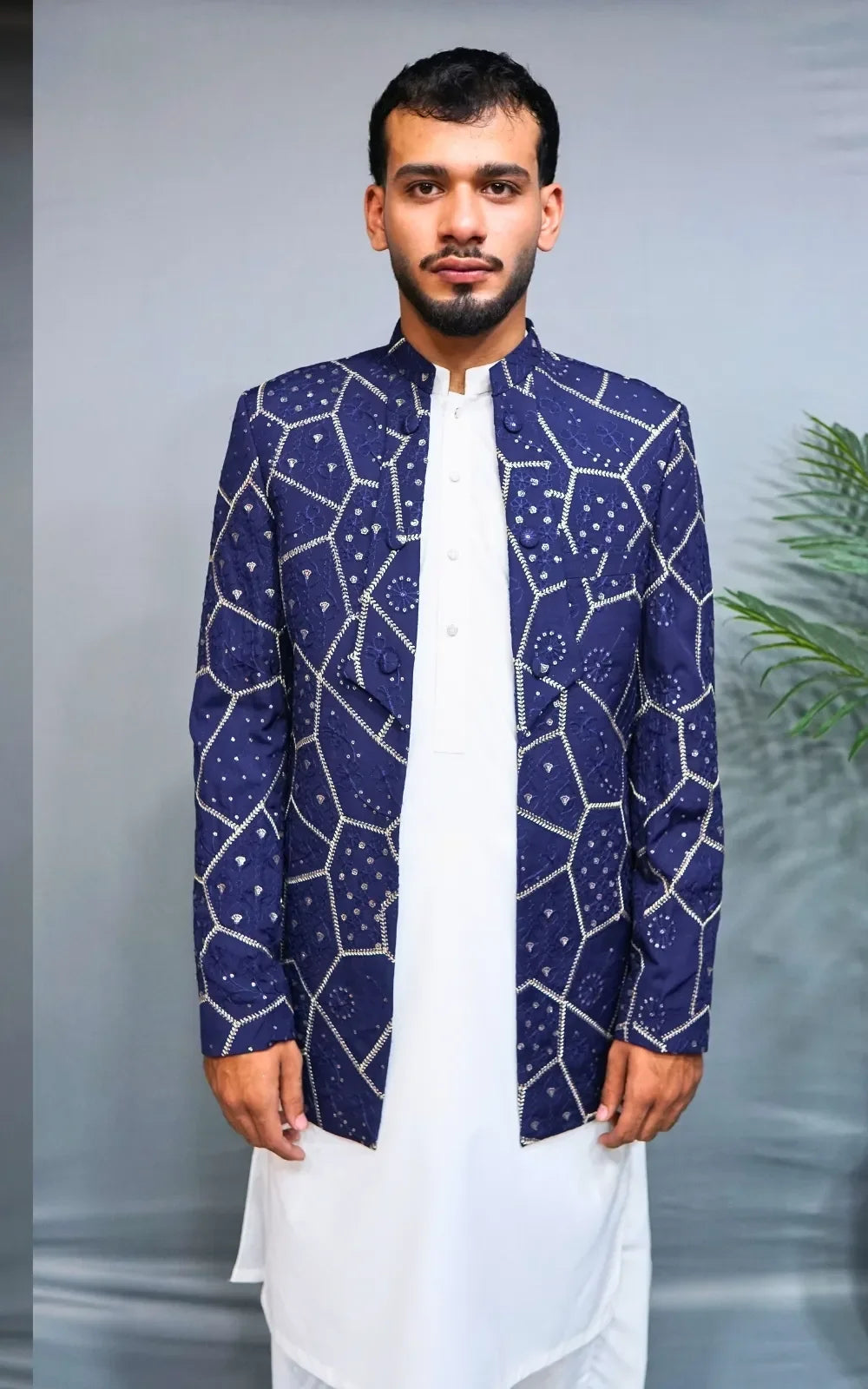 Royal Blue Embroidered Open Coat