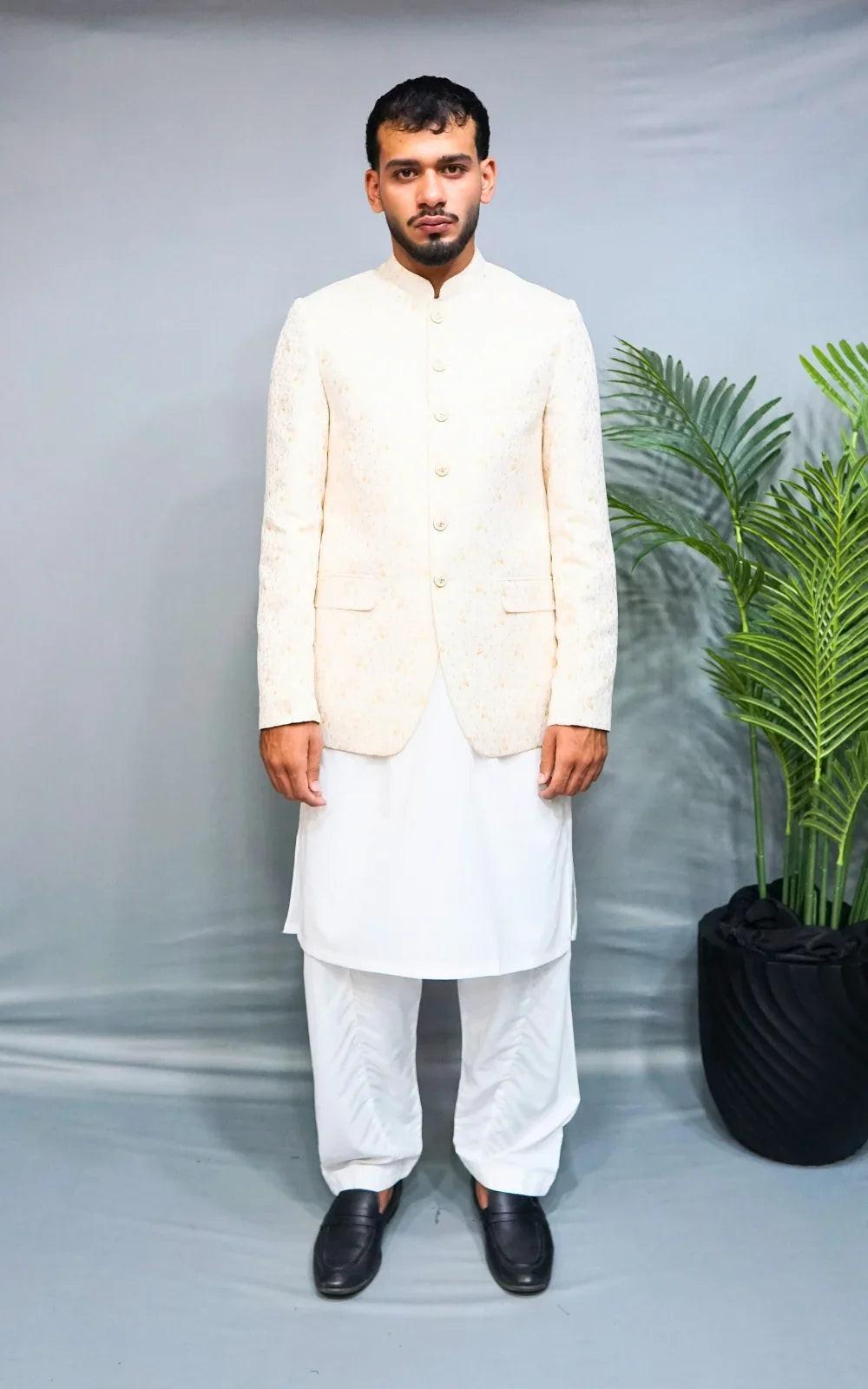 Off White Self Embossed Jamawar Prince Coat