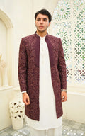 Wine Maroon Embroidered Open Gown Prince Coat