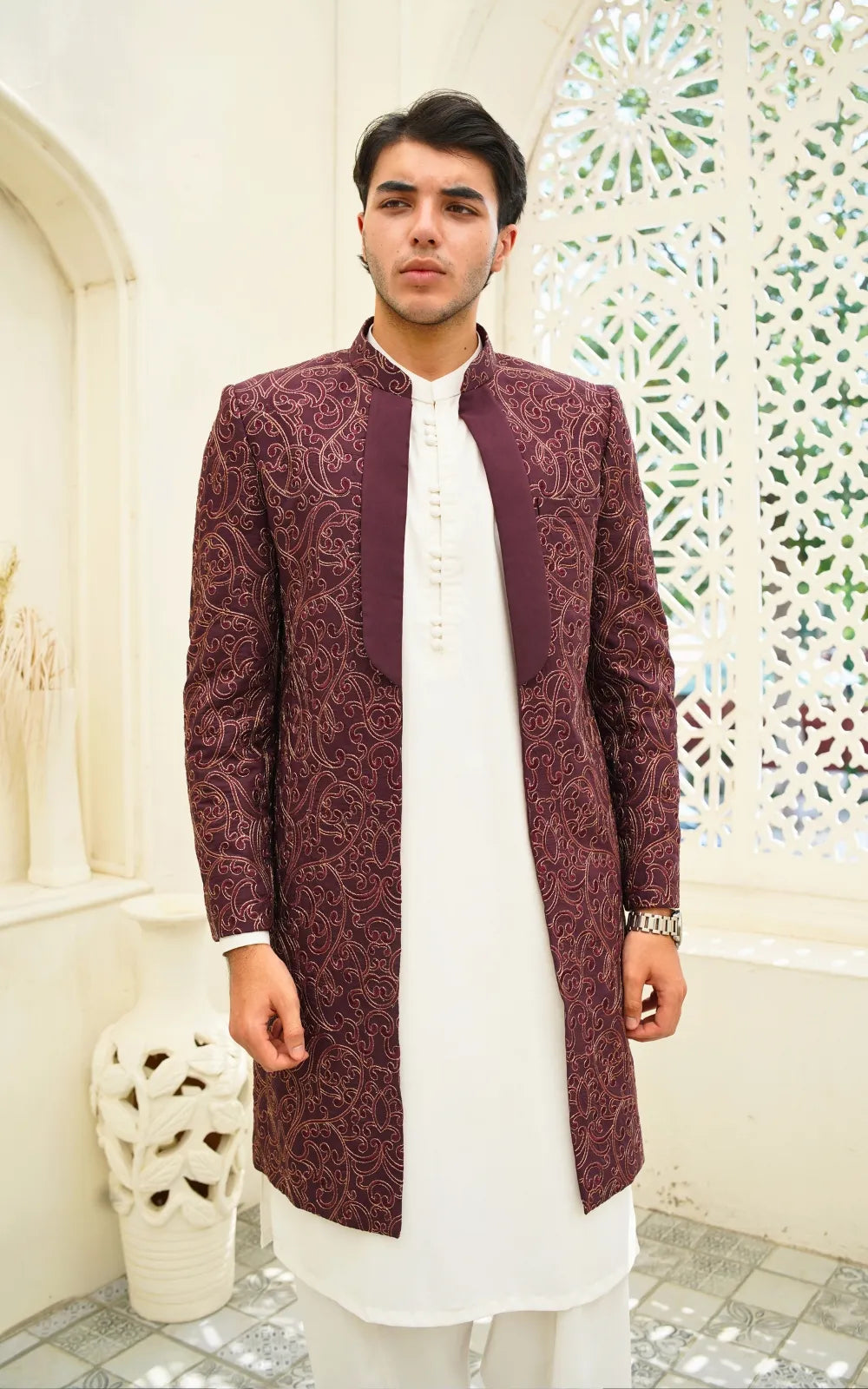 Wine Maroon Embroidered Open Gown Prince Coat