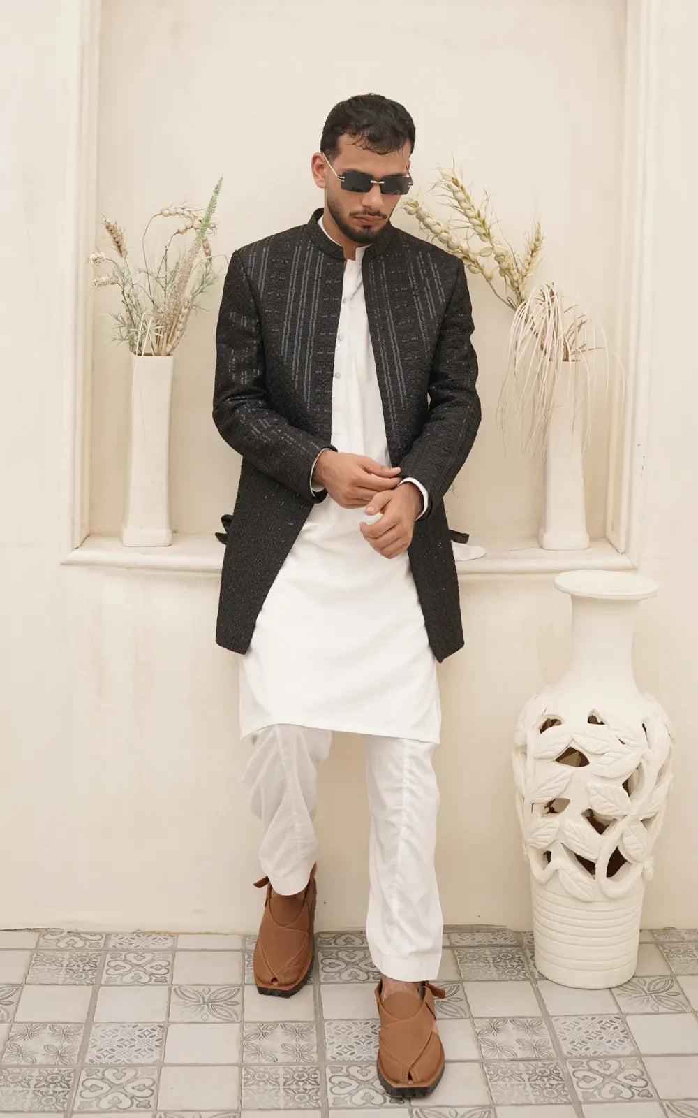 Black Textured Silky Embroidery Open Coat