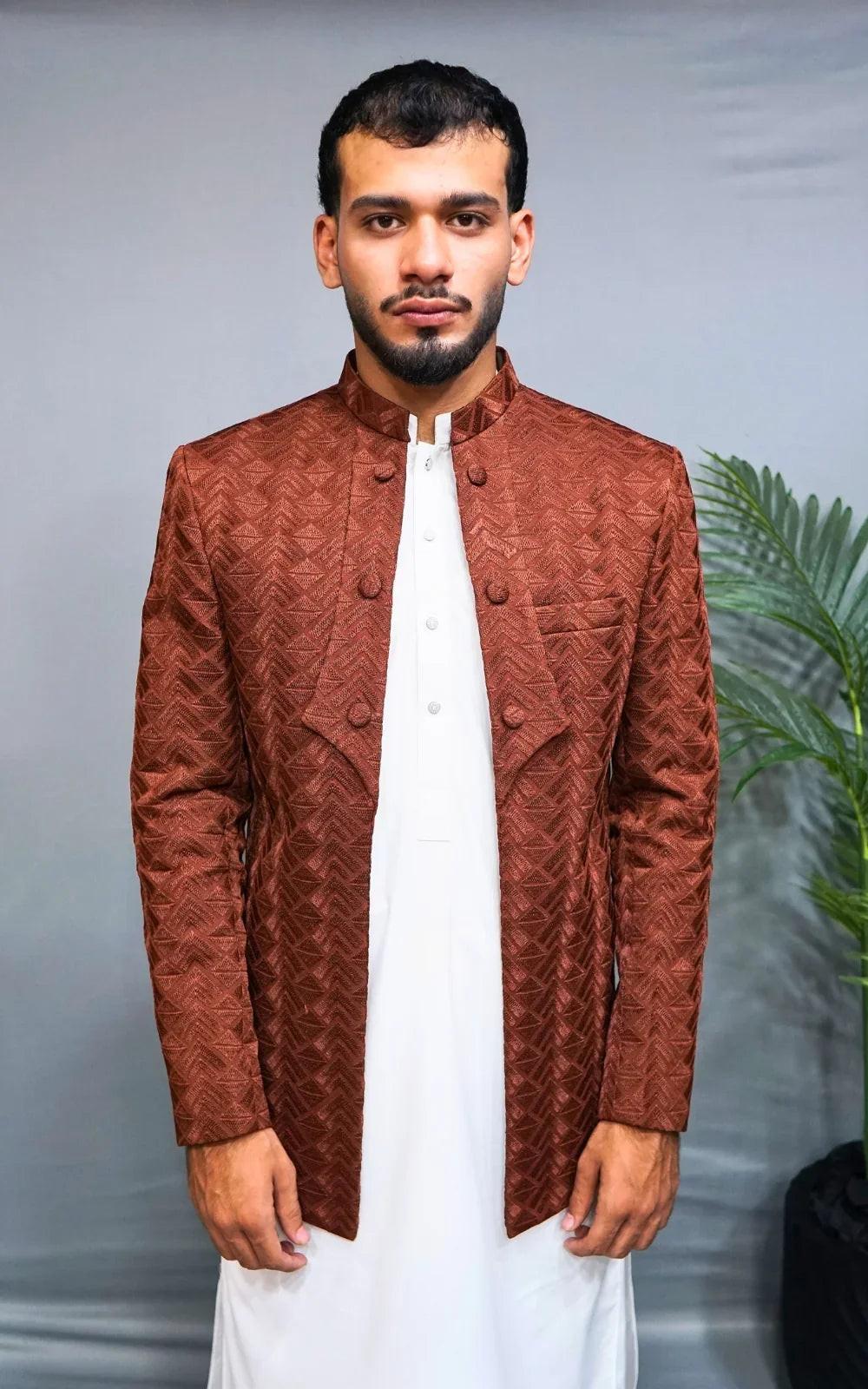 Brown Geometric Textured Open Prince Coat