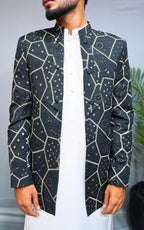 Charcoal Black Embroidered Open Coat