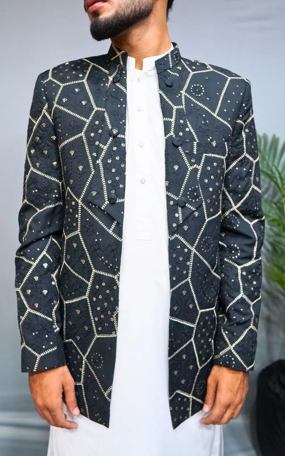 Charcoal Black Embroidered Open Coat