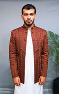 Brown Textured Embroidered Open Coat