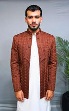 Brown Textured Embroidered Open Coat