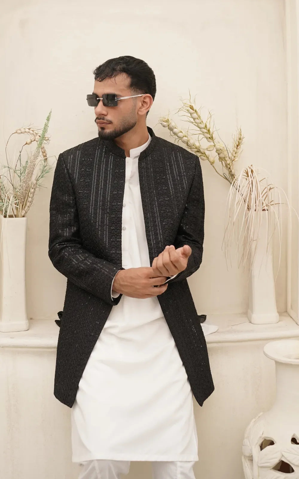 Black Textured Silky Embroidery Open Coat