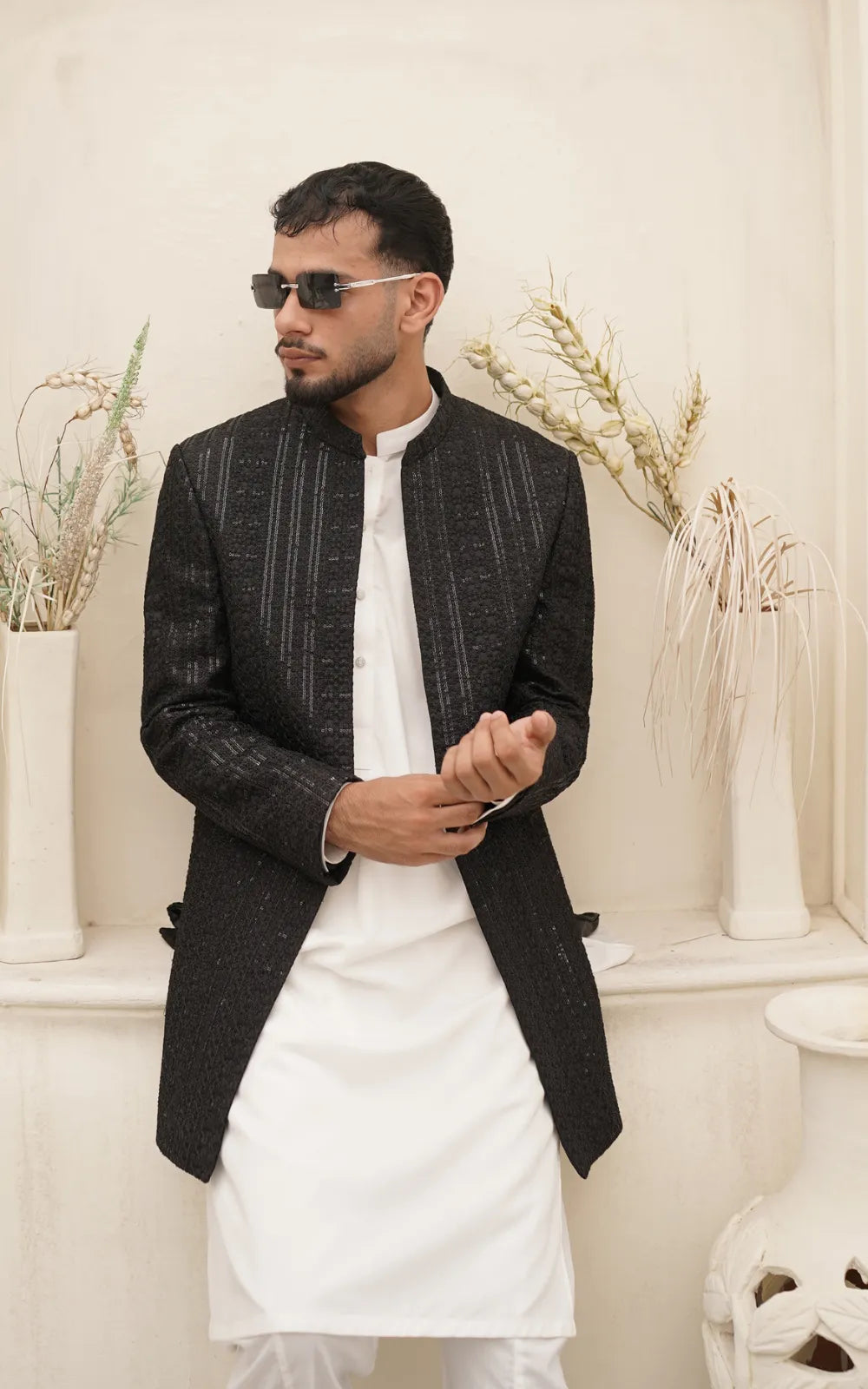 Textured Silky Embroidery Open Coat – Custom Size