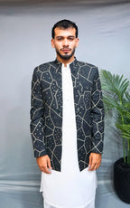 Charcoal Black Embroidered Open Coat