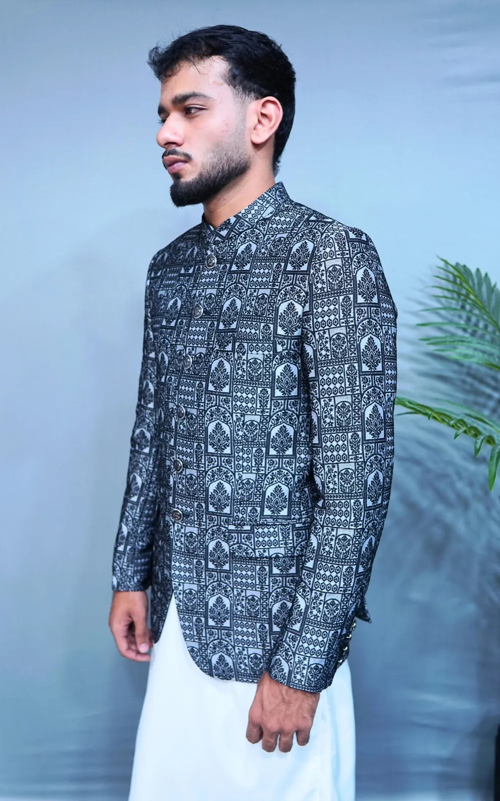 Grey & Black Patterned Prince Coat