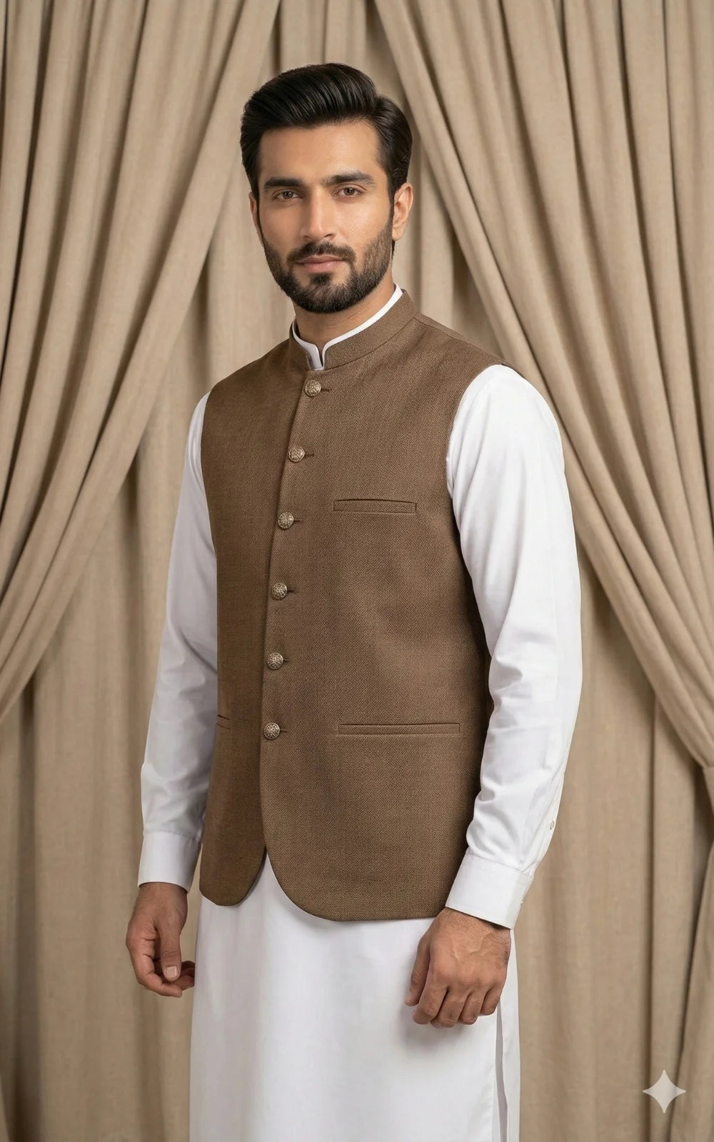 Walnut Brown Textured Waistcoat