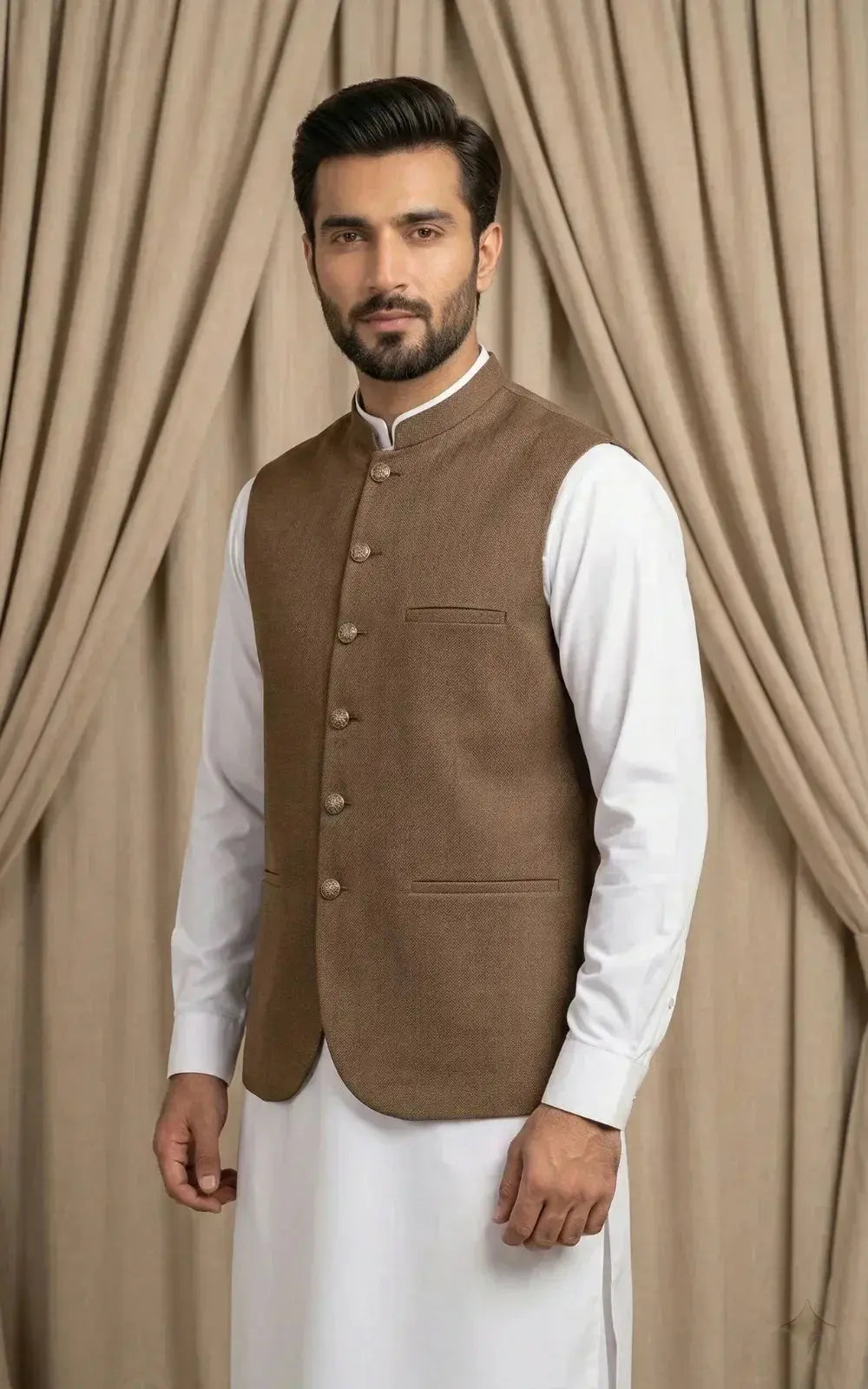 Walnut Brown Textured Waistcoat Last Option