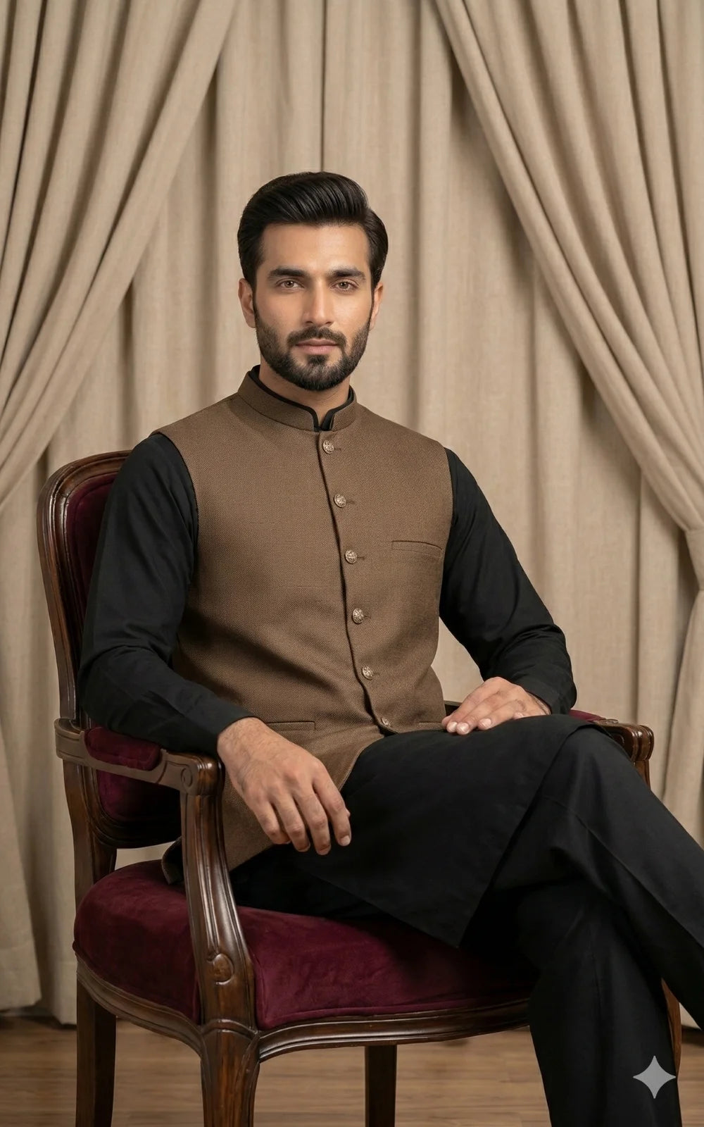 Walnut Brown Textured Waistcoat