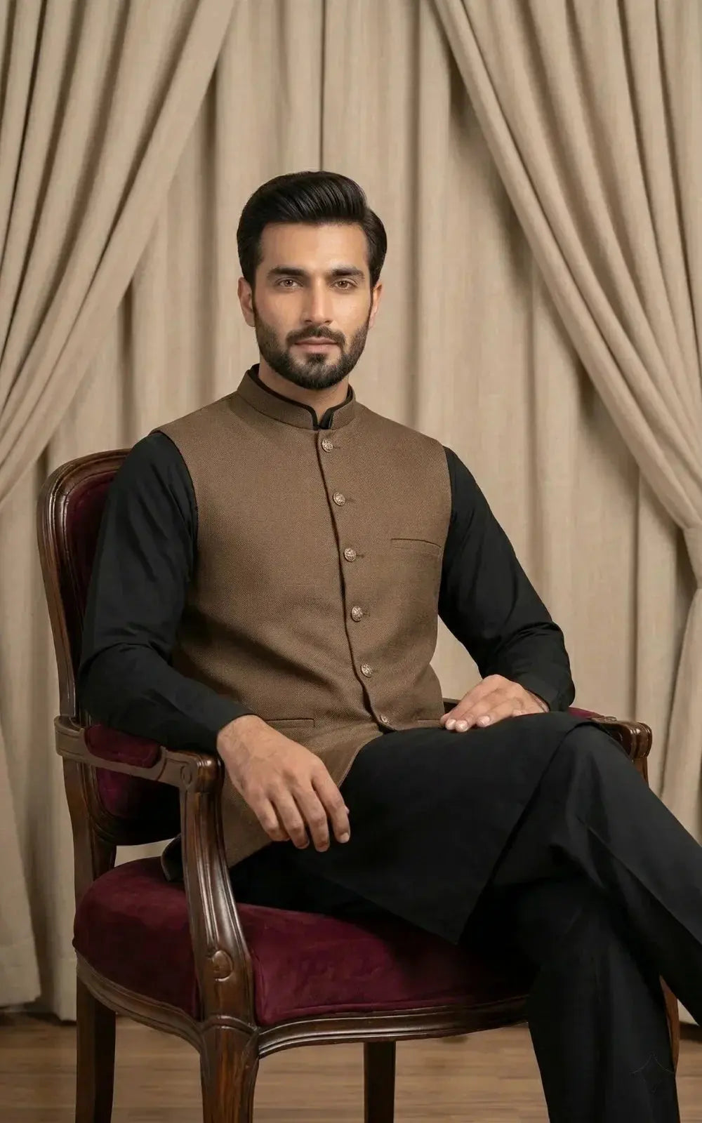 Walnut Brown Textured Waistcoat Last Option